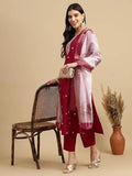 Roman Silk Traditional Maroon Embroidered Wedding Wear Top Bottom& Dupatta 12-VC image 2