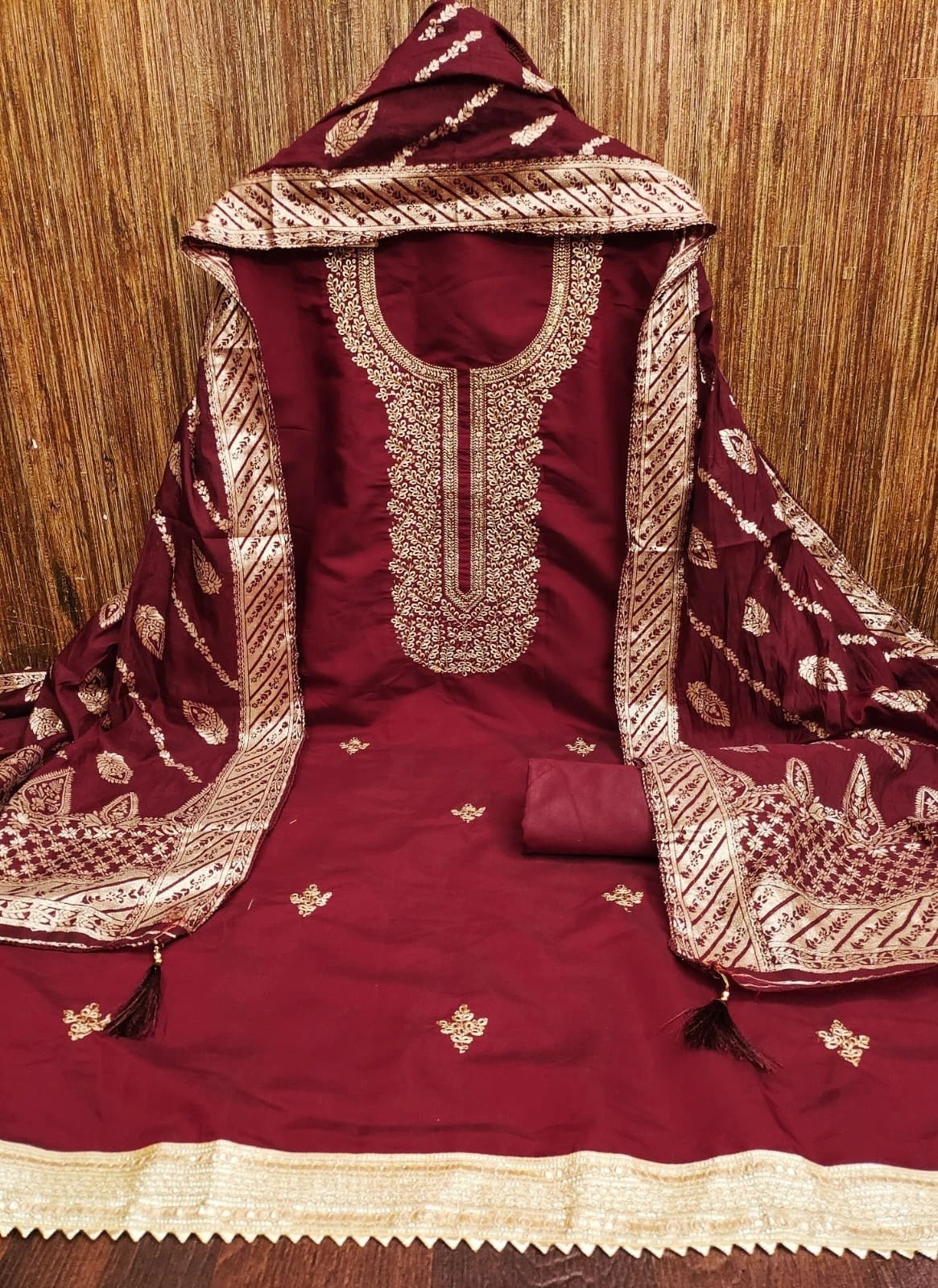 Traditional Wedding Wear Indian Roman Silk Designer Top Bottom & Dupatta 12-VF image 5
