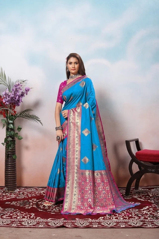 Traditional Soft Silk Jacquard Border Contras Sari With Blouse 11-VF image 1