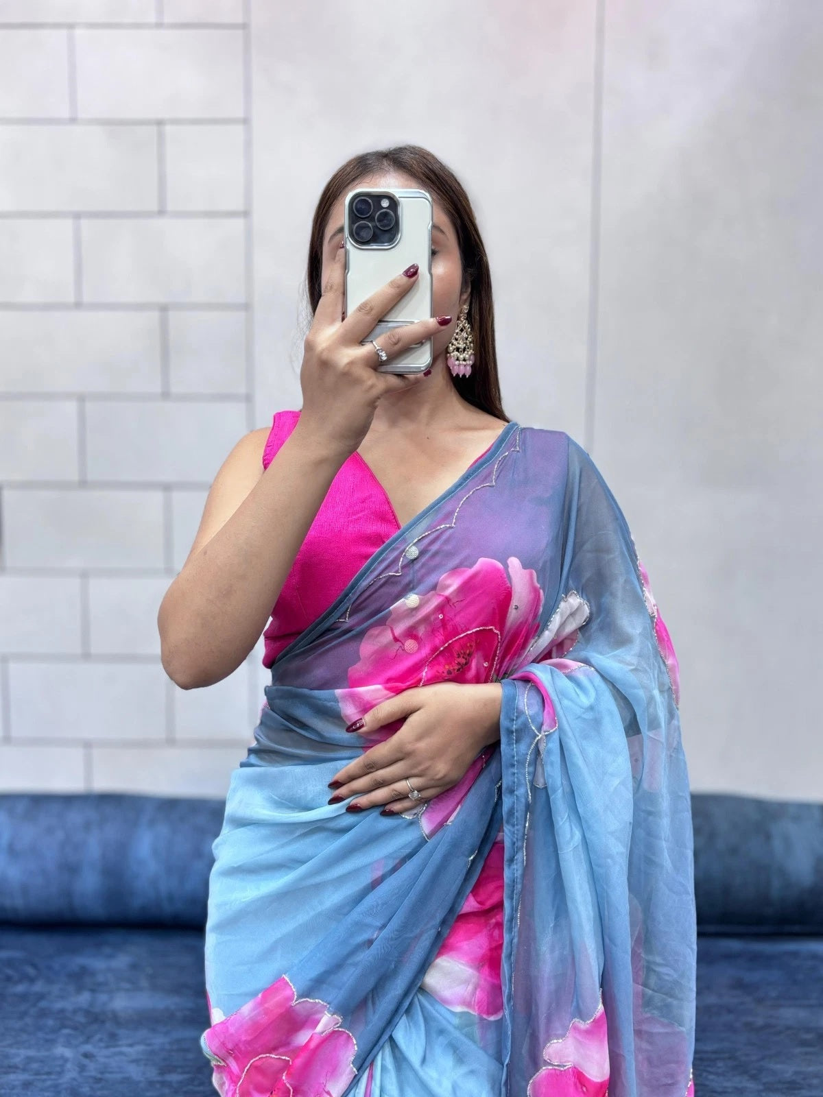 Rich And Cool Flower Print Soft Tabi Organza Look Saree With Blouse 11-VV image 5