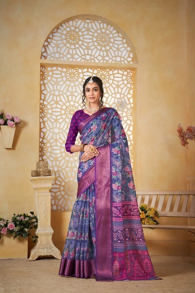 Traditional Colourful Pure Linen Digital Print Saree With Blouse11-VF image 1