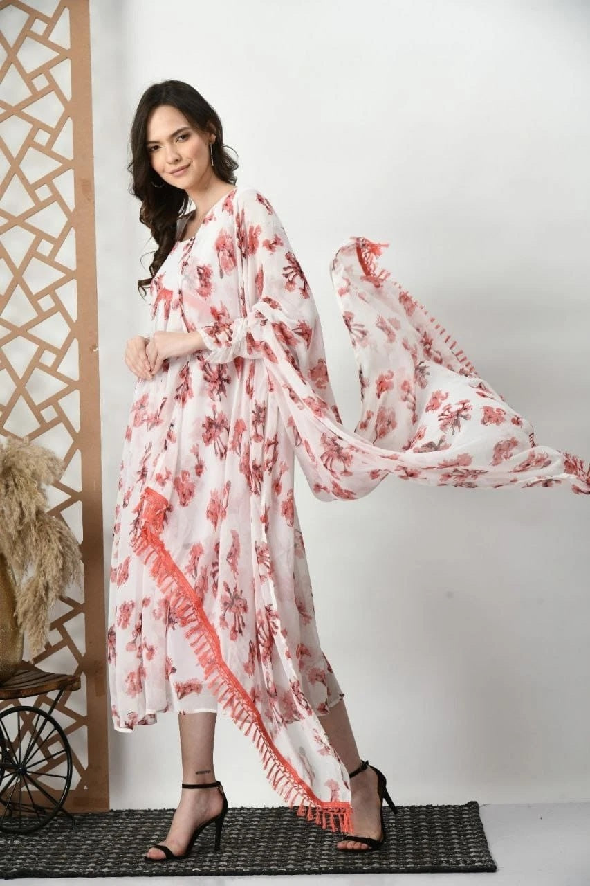 White Beautiful Printed Flared Dress Classic And Stylish Top With Dupatta 12-VC image 1