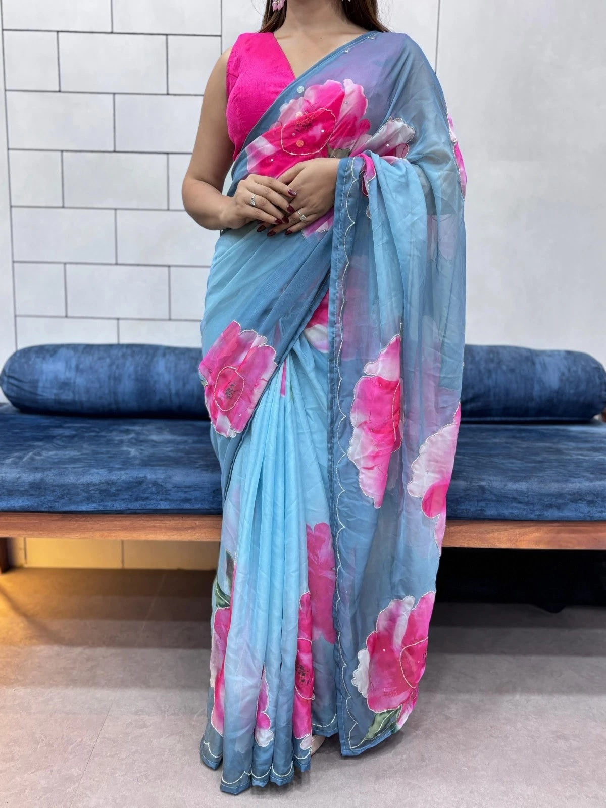 Rich And Cool Flower Print Soft Tabi Organza Look Saree With Blouse 11-VV image 4