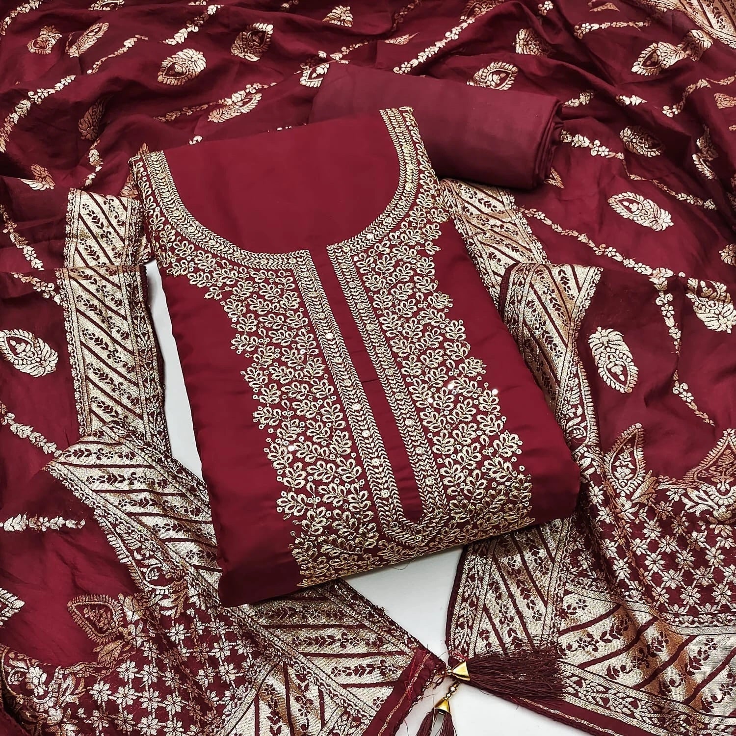 Traditional Wedding Wear Indian Roman Silk Designer Top Bottom & Dupatta 12-VF image 2