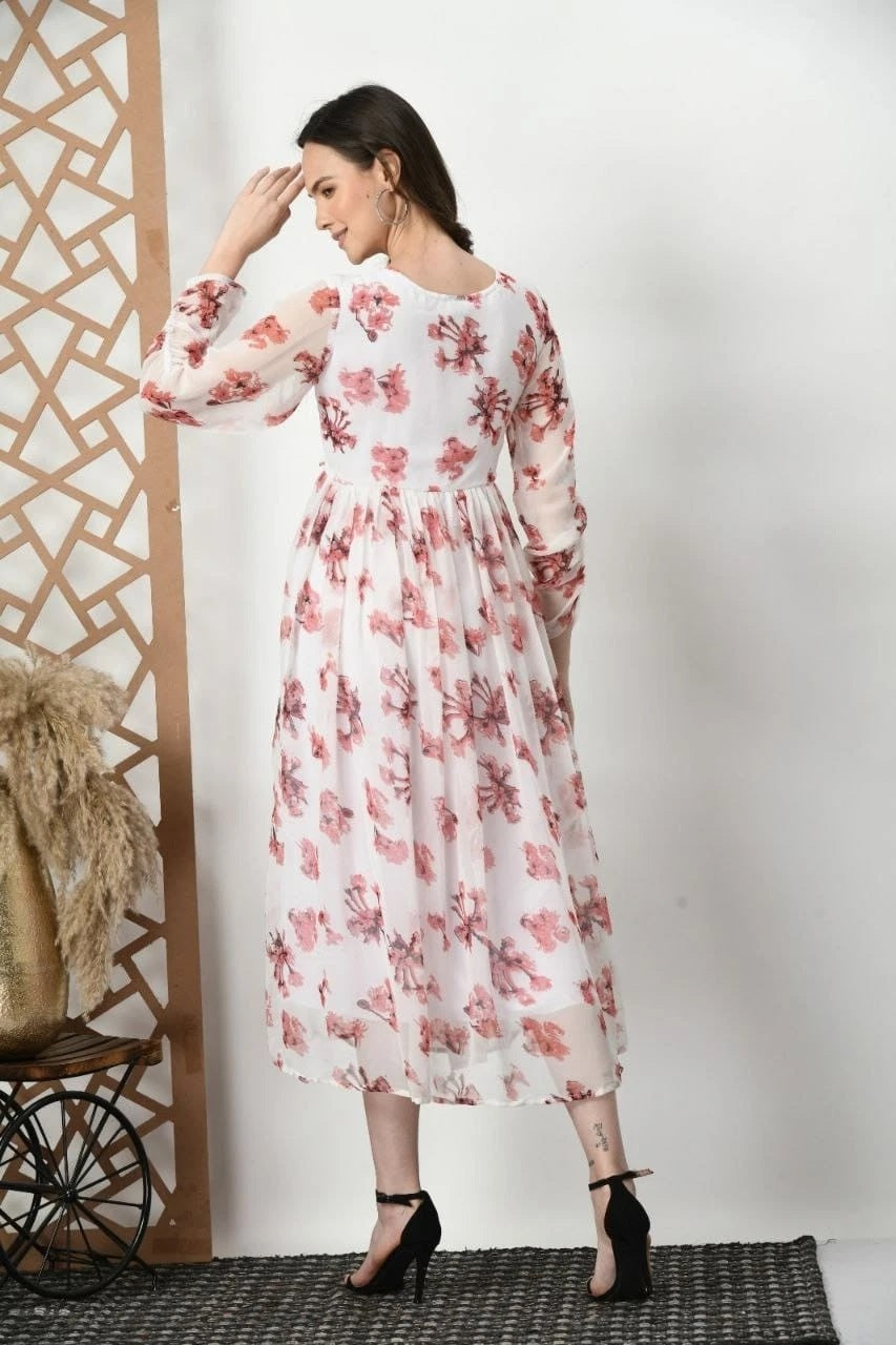 White Beautiful Printed Flared Dress Classic And Stylish Top With Dupatta 12-VC image 2
