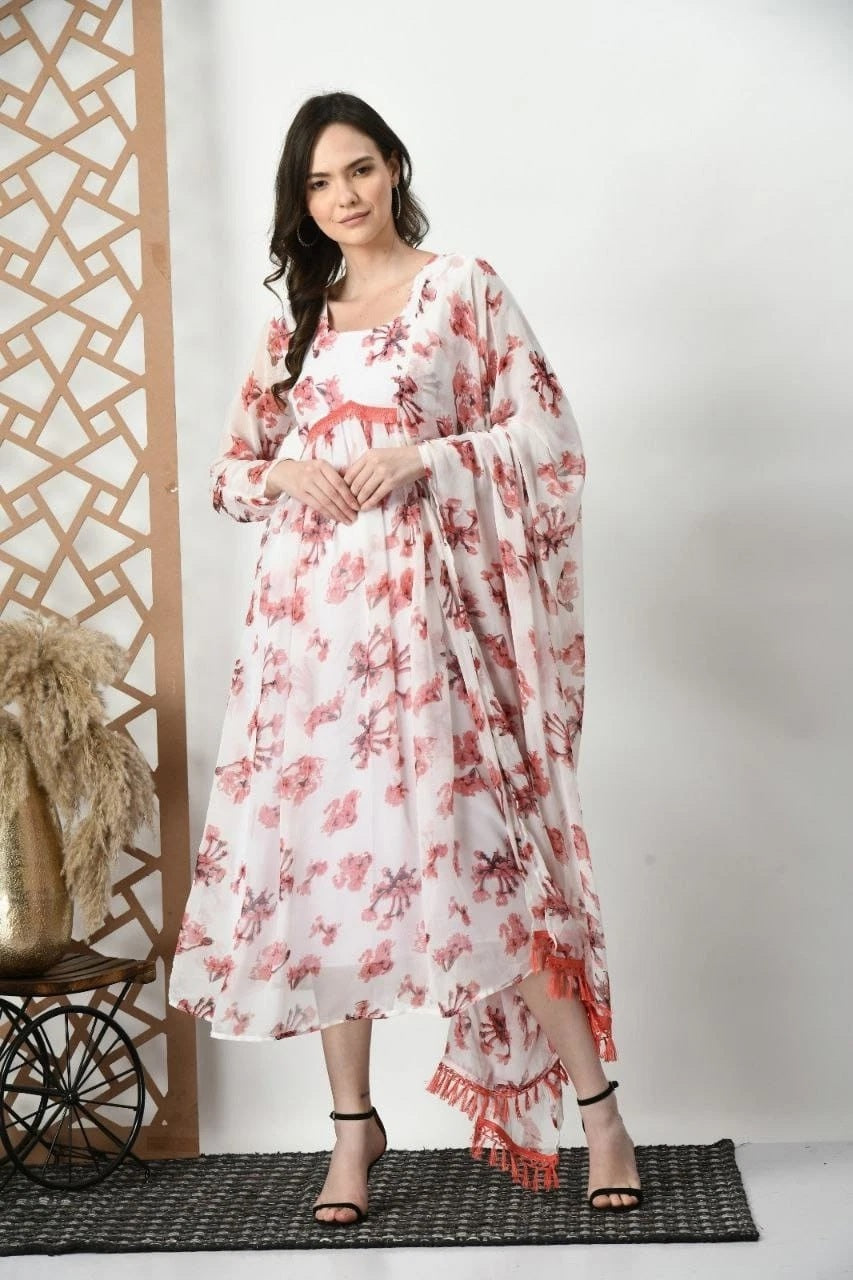 White Beautiful Printed Flared Dress Classic And Stylish Top With Dupatta 12-VC image 3