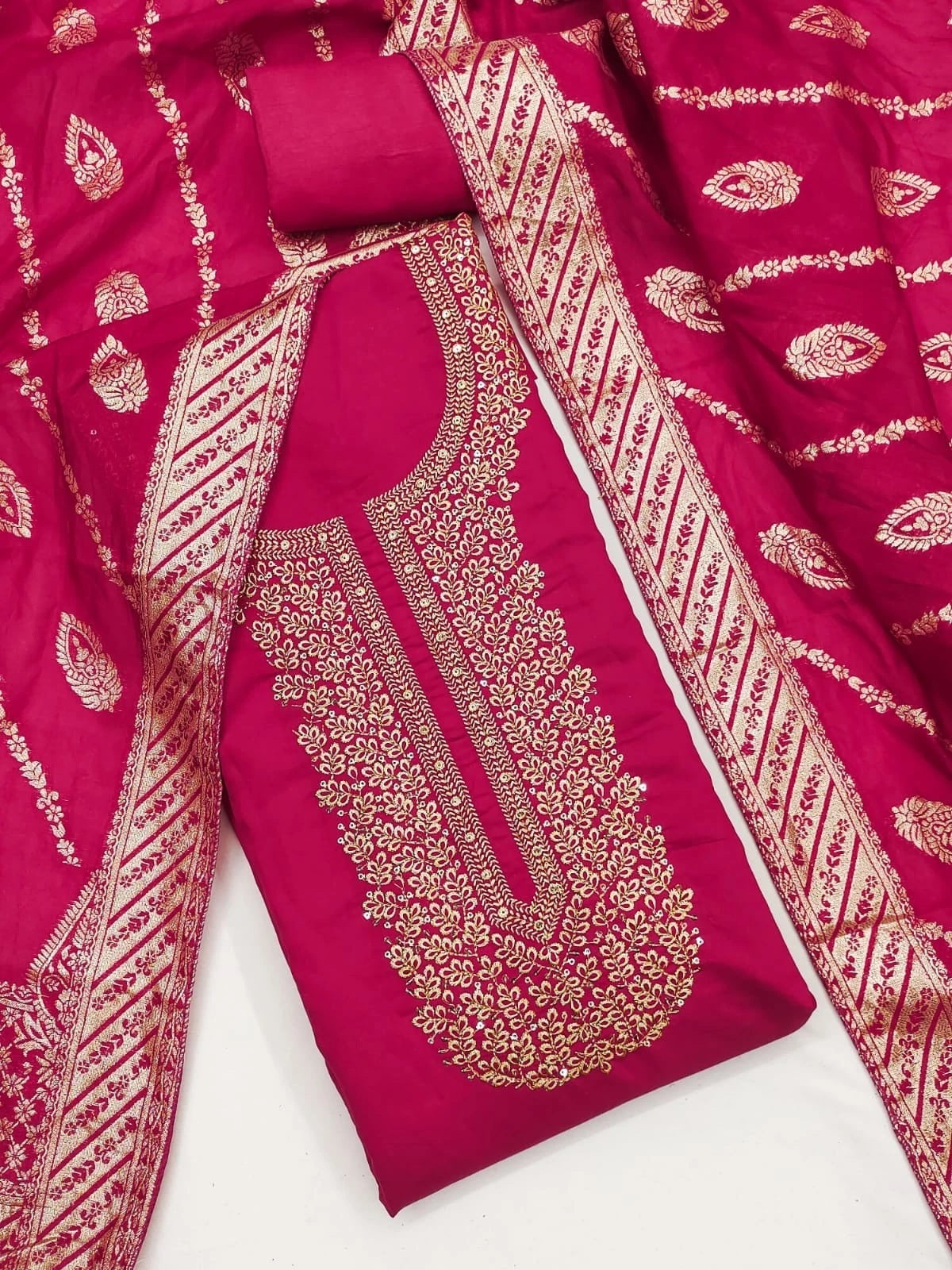 Traditional Wedding Wear Indian Roman Silk Designer Top Bottom & Dupatta 12-VF image 6