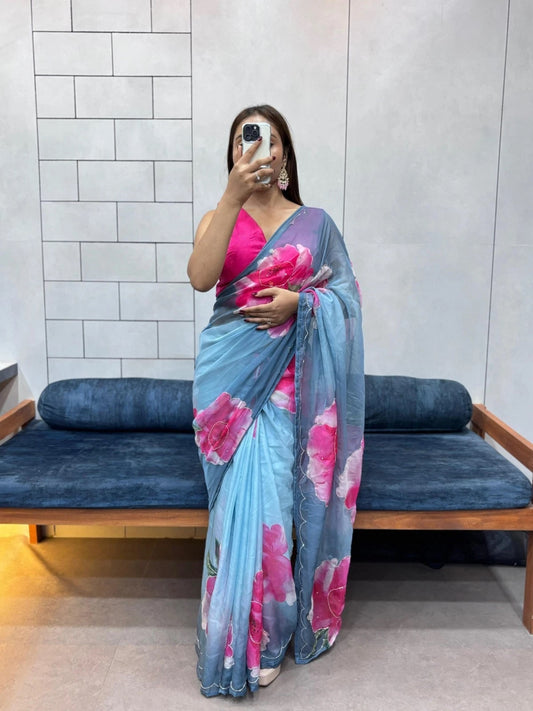 Rich And Cool Flower Print Soft Tabi Organza Look Saree With Blouse 11-VV image 1