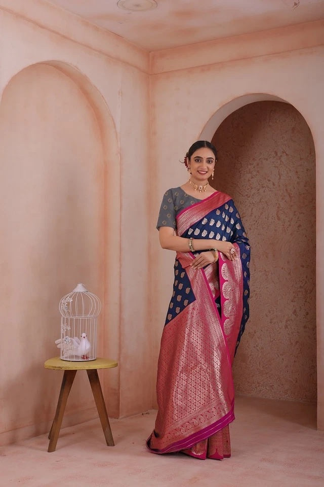 Indian Soft Silk Weaving Saree With Banarasi Jari Work With Blouse 11-VF image 2