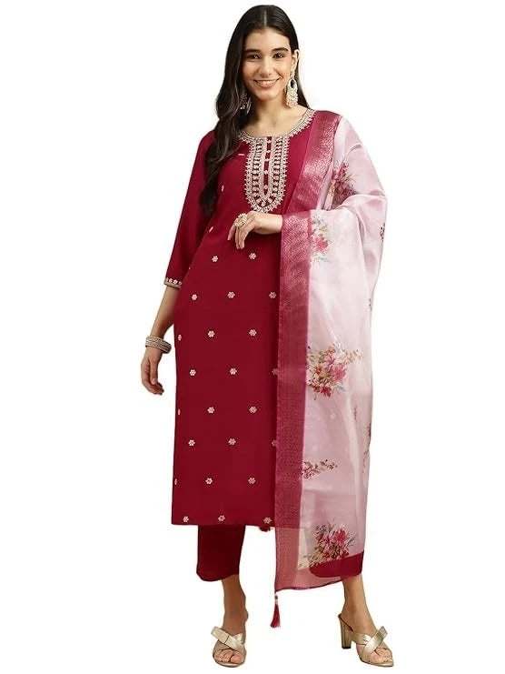 Roman Silk Traditional Maroon Embroidered Wedding Wear Top Bottom& Dupatta 12-VC image 1