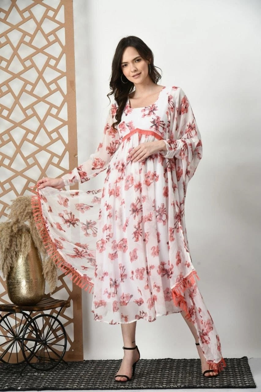 White Beautiful Printed Flared Dress Classic And Stylish Top With Dupatta 12-VC image 4
