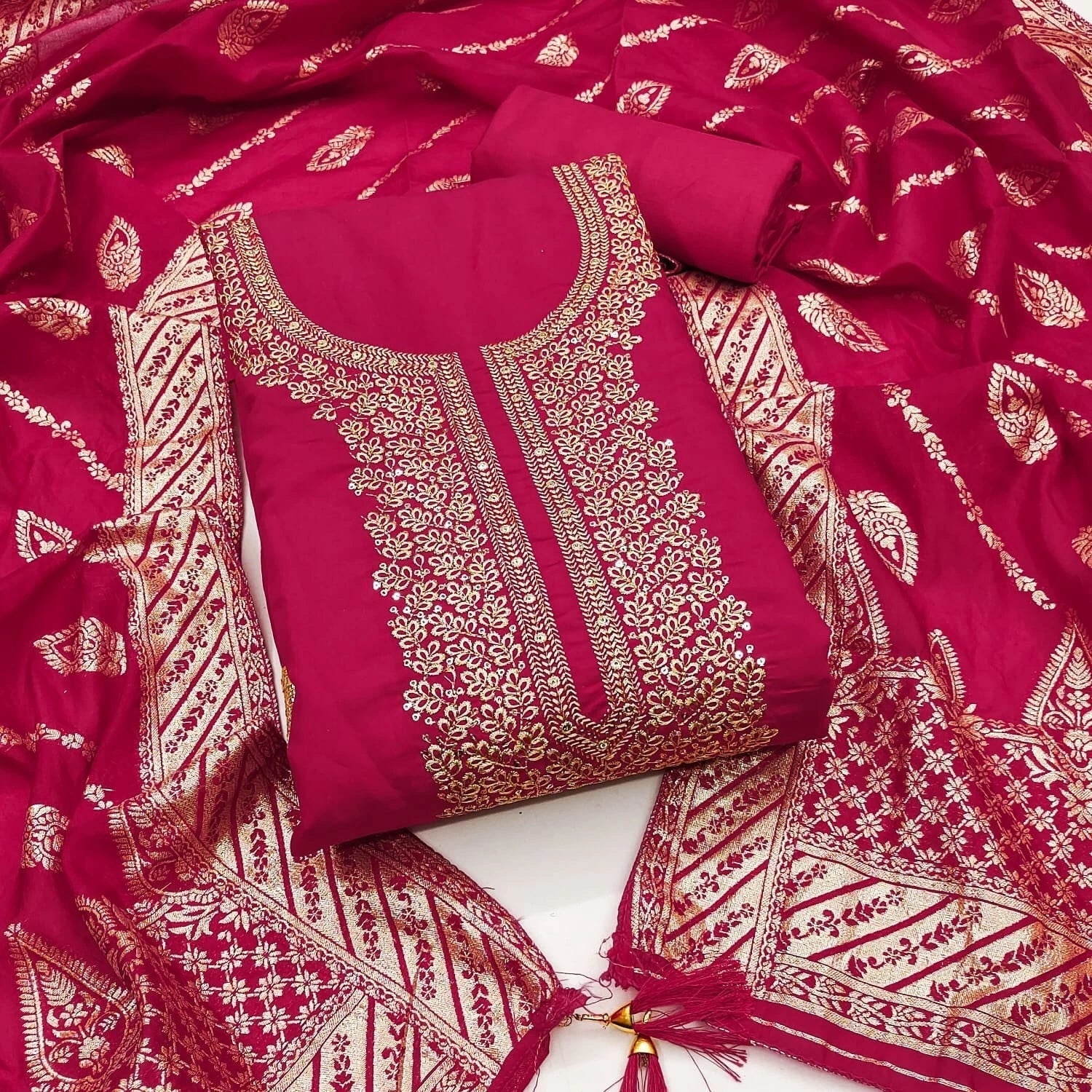 Traditional Wedding Wear Indian Roman Silk Designer Top Bottom & Dupatta 12-VF image 3