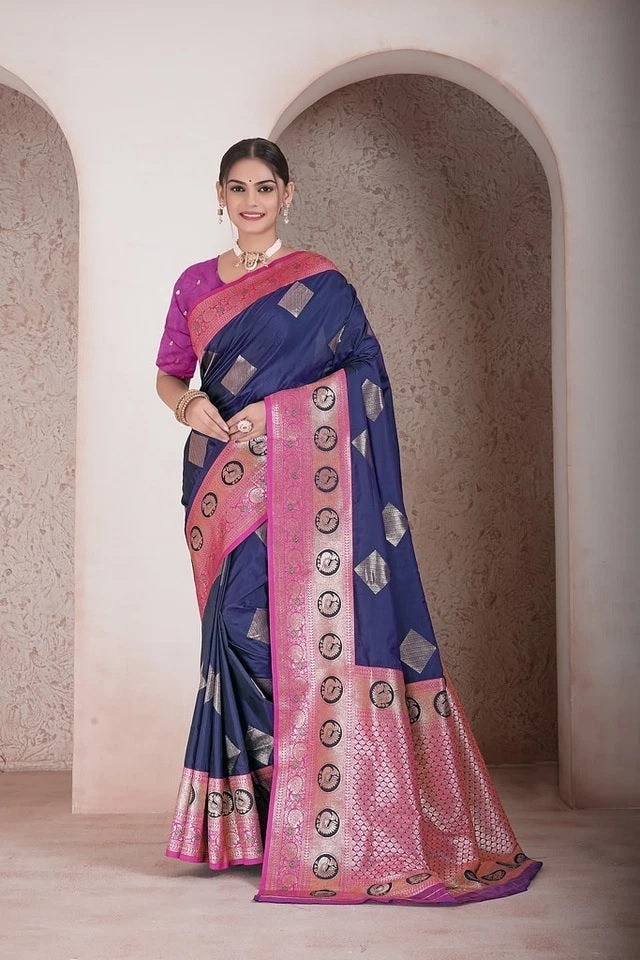 Traditional Soft Silk Weaving Heavy Banarasi Pallu Sari With Blouse 11-VF image 2