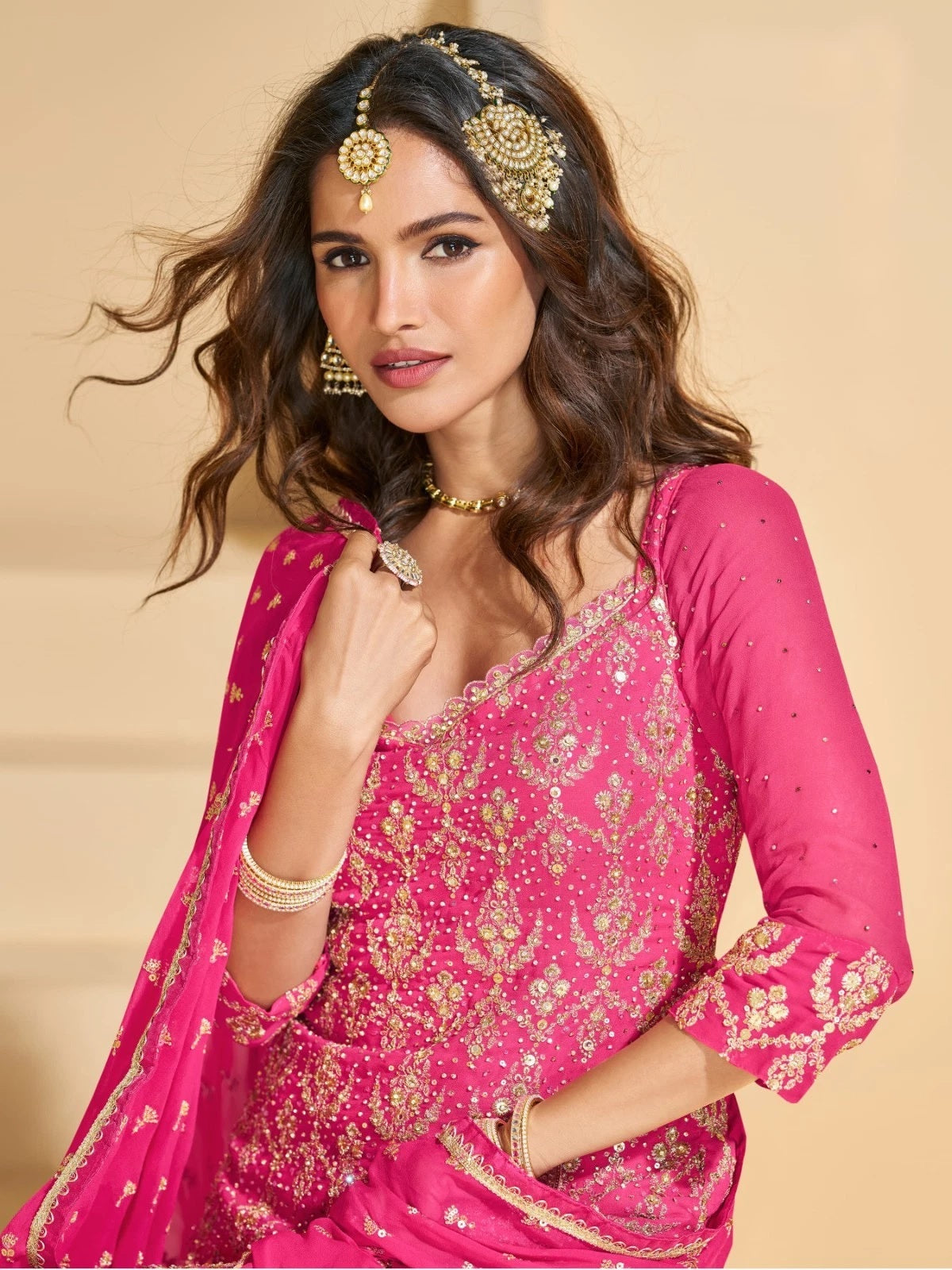 Real Georgette Traditional Wedding Wear Top Lehenga/Palazzo & Duppatta 12-RD image 5