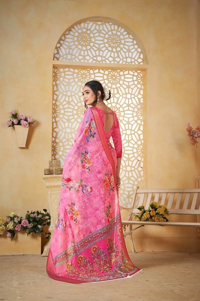 Traditional Colourful Pure Linen Digital Print Saree With Blouse11-VF image 7