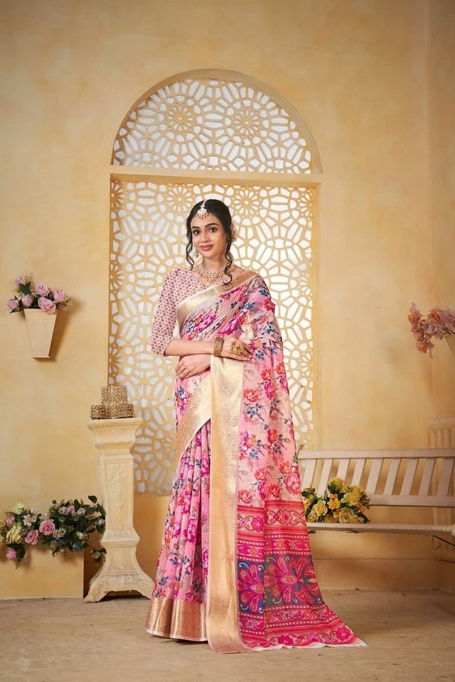 Traditional Colourful Pure Linen Digital Print Saree With Blouse11-VF image 3