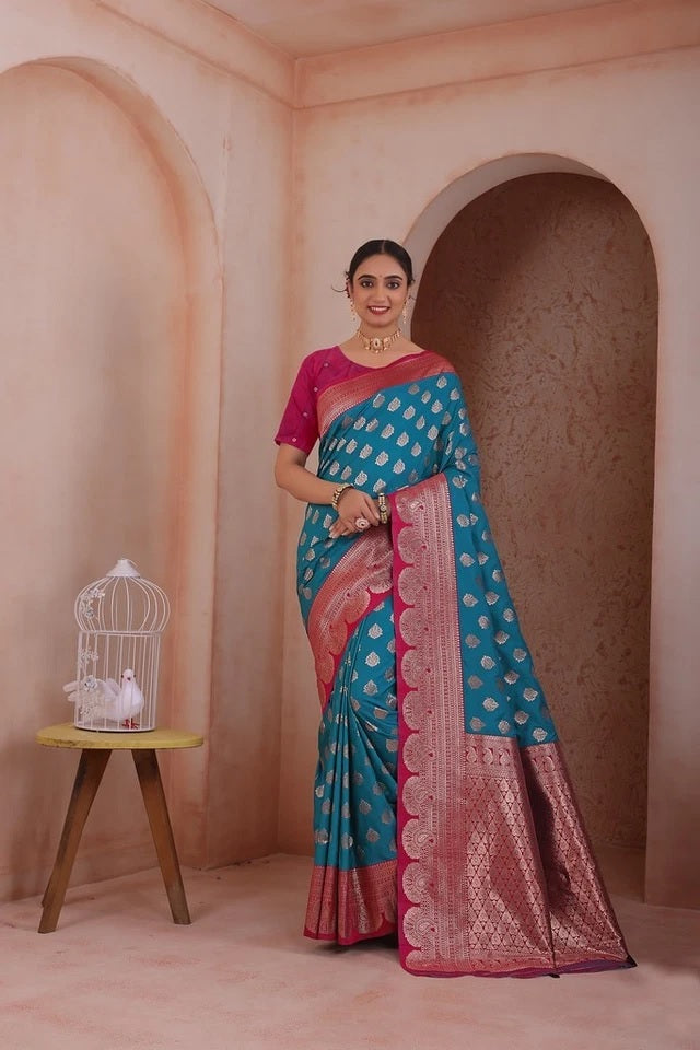 Indian Soft Silk Weaving Saree With Banarasi Jari Work With Blouse 11-VF image 3