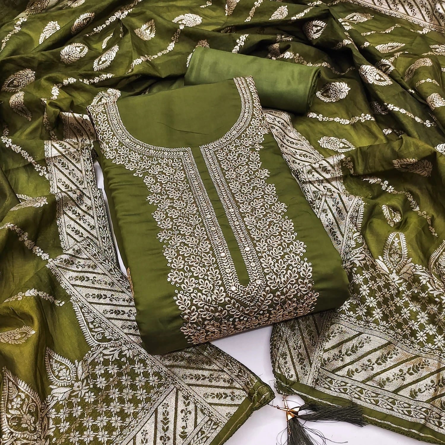 Traditional Wedding Wear Indian Roman Silk Designer Top Bottom & Dupatta 12-VF image 1