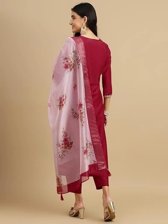 Roman Silk Traditional Maroon Embroidered Wedding Wear Top Bottom& Dupatta 12-VC image 5