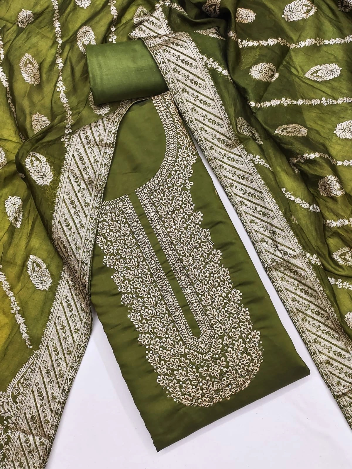 Traditional Wedding Wear Indian Roman Silk Designer Top Bottom & Dupatta 12-VF image 7
