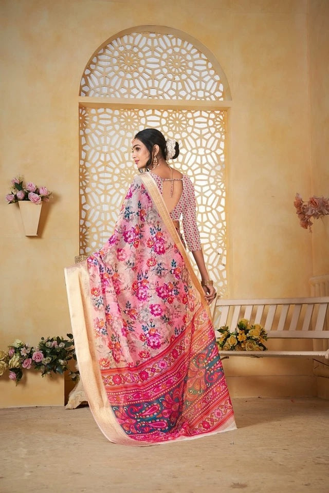 Traditional Colourful Pure Linen Digital Print Saree With Blouse11-VF image 8
