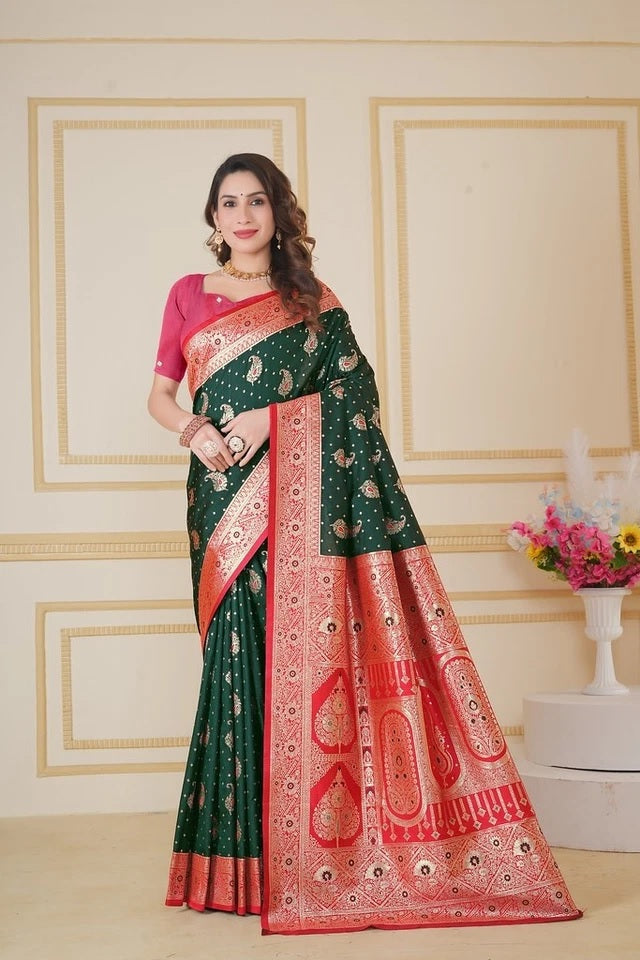 Traditionl Soft Silk Weaving Saree With Banarasi Jari Work With Blouse11-VF image 4