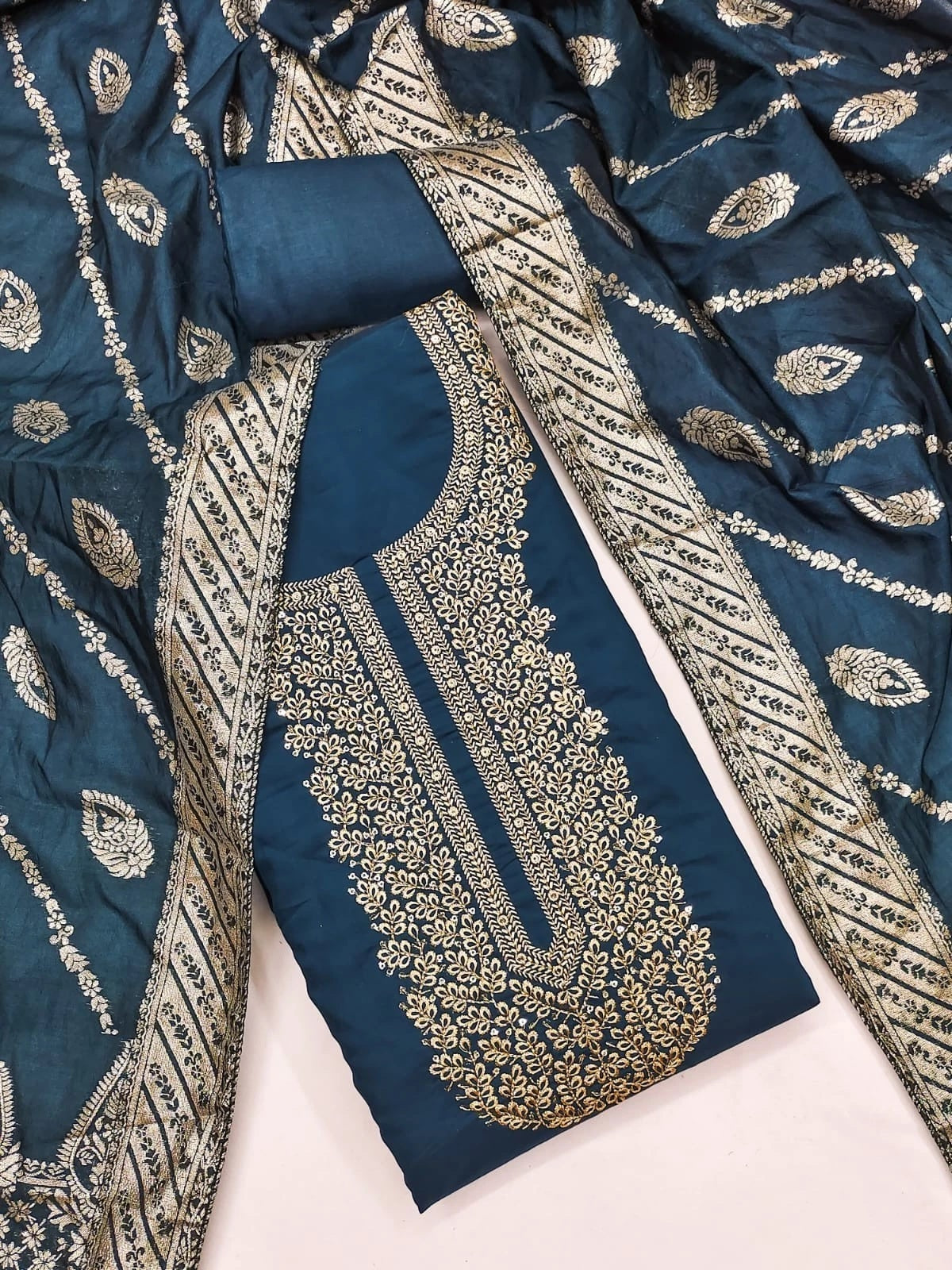 Traditional Wedding Wear Indian Roman Silk Designer Top Bottom & Dupatta 12-VF image 8
