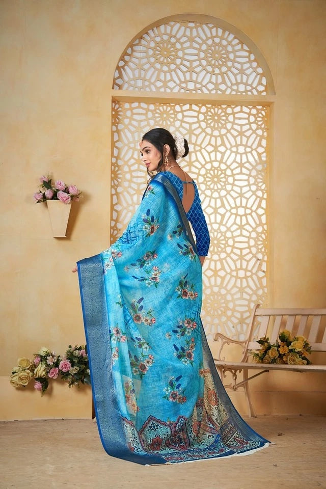 Traditional Colourful Pure Linen Digital Print Saree With Blouse11-VF image 9