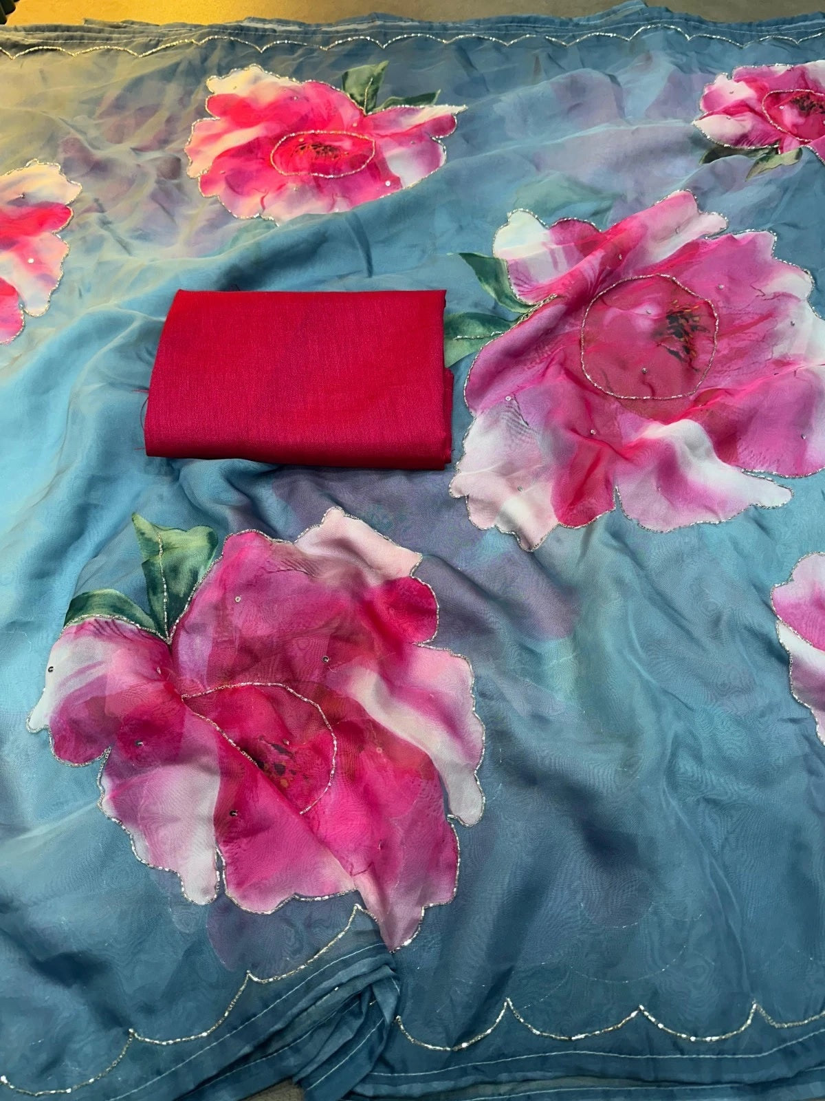 Rich And Cool Flower Print Soft Tabi Organza Look Saree With Blouse 11-VV image 3
