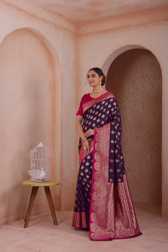 Indian Soft Silk Weaving Saree With Banarasi Jari Work With Blouse 11-VF image 4