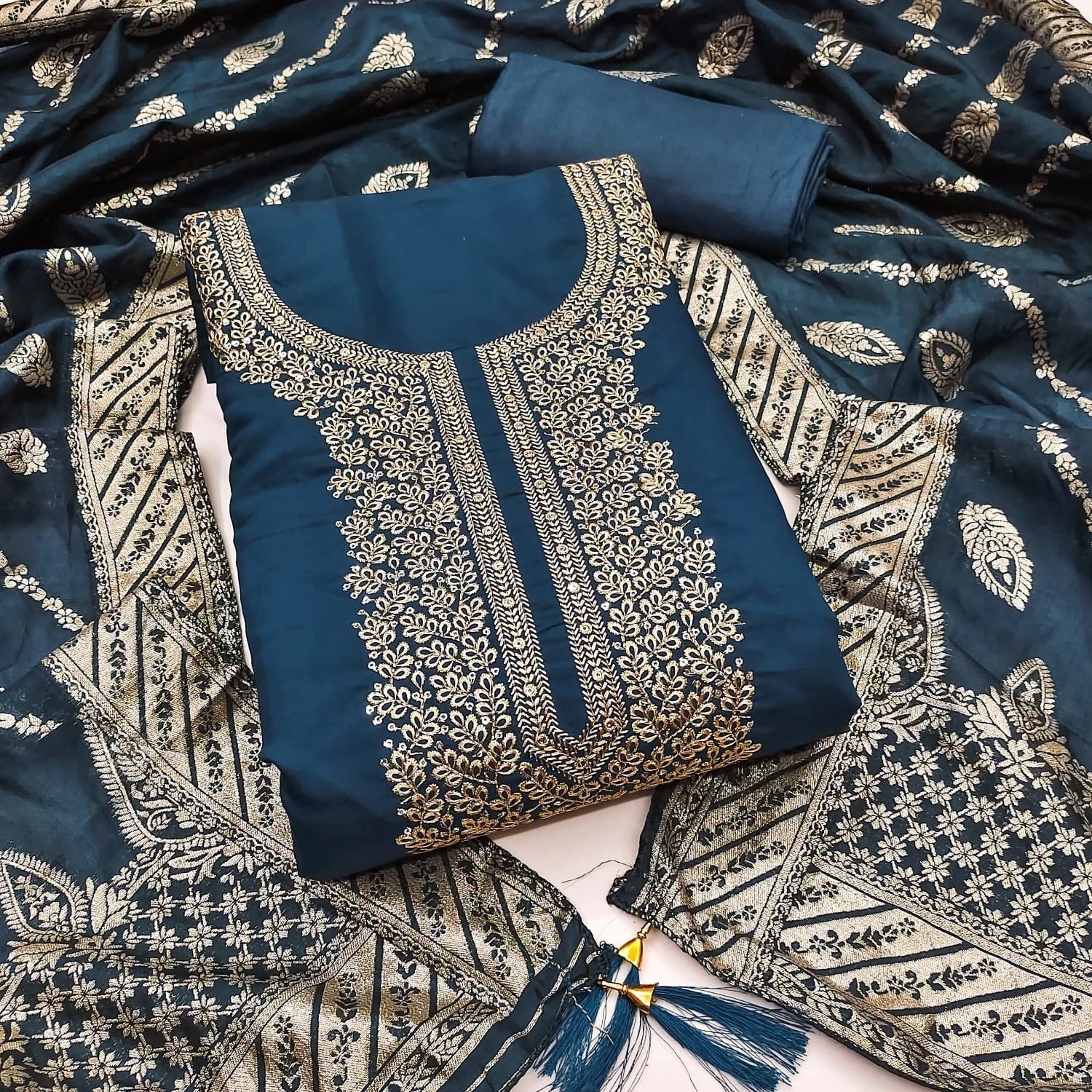 Traditional Wedding Wear Indian Roman Silk Designer Top Bottom & Dupatta 12-VF image 4