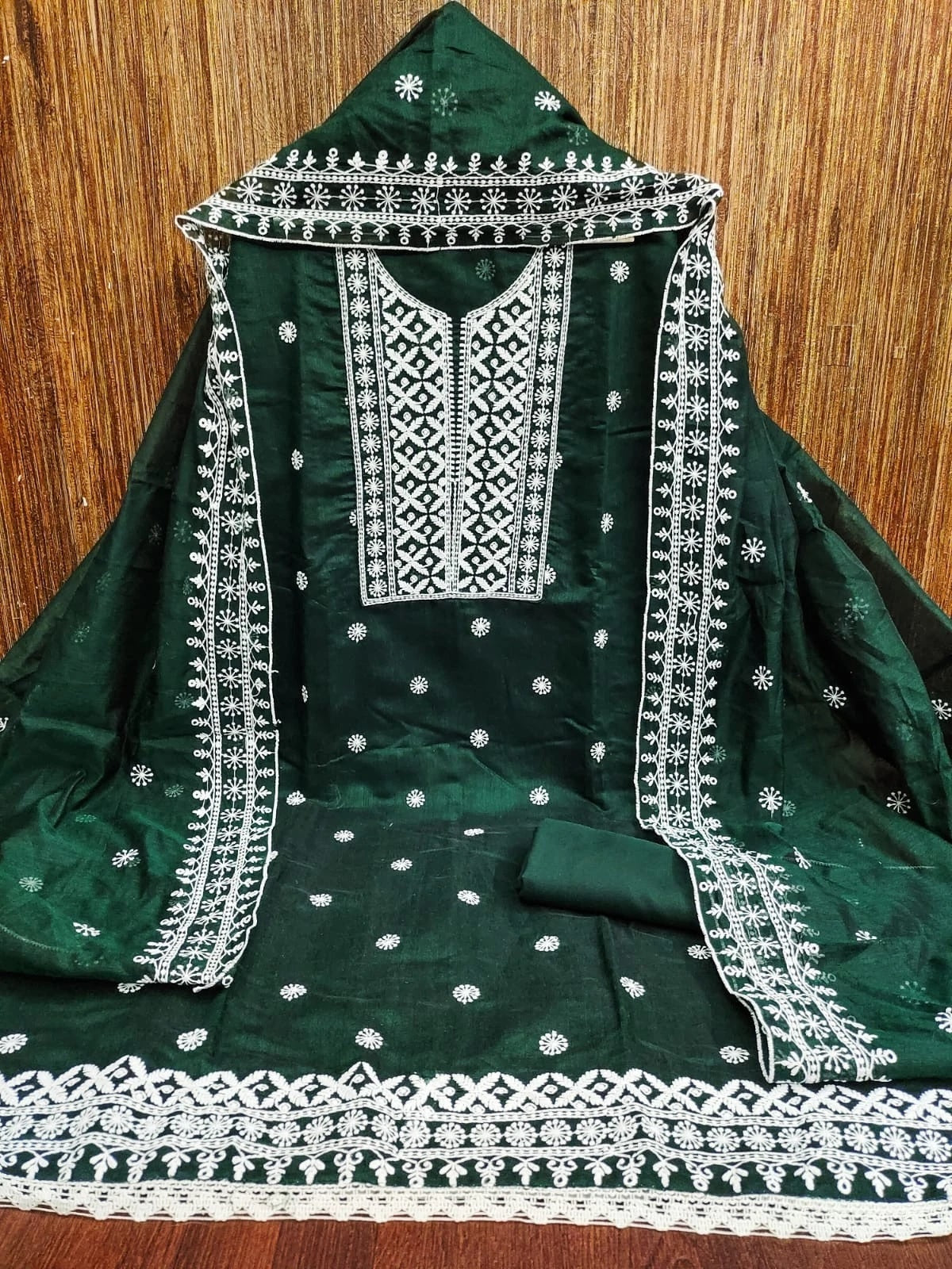 Traditional Wedding Wear Designer Indian Chanderi Work Top Bottom&Dupatta 12-VF image 8