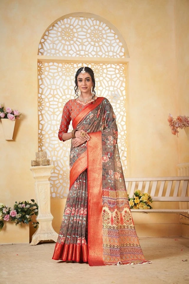 Traditional Colourful Pure Linen Digital Print Saree With Blouse11-VF image 5