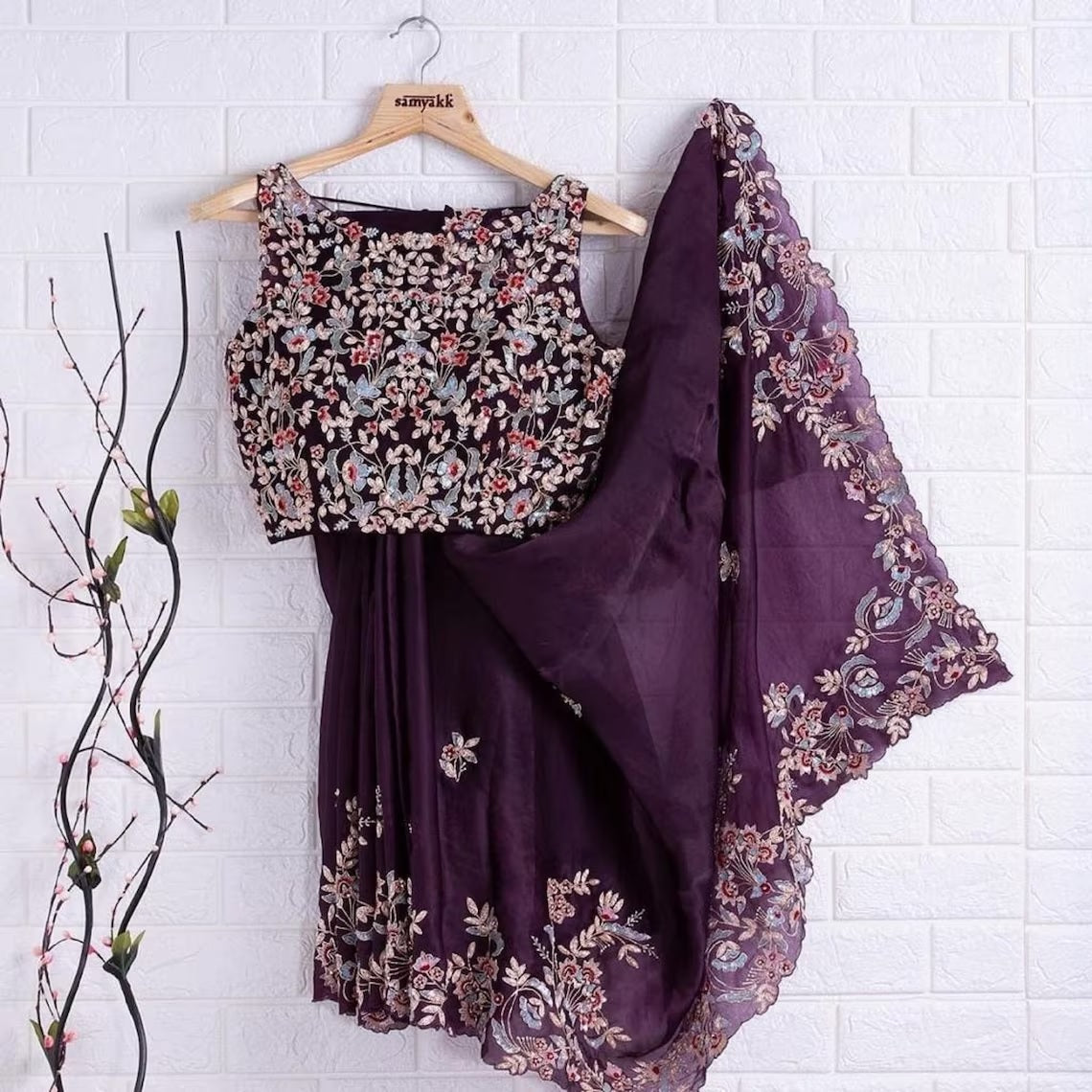 Eggplant Color Rangoli Silk Embroidery Work Saree image 1