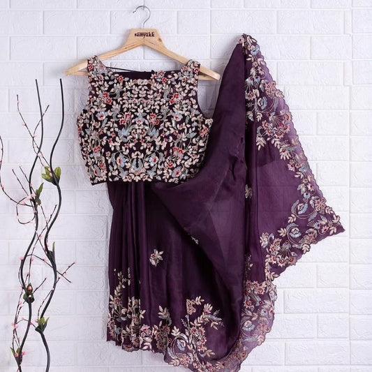 Eggplant Color Rangoli Silk Embroidery Work Saree image 1