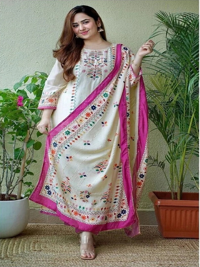 Women White Muslin Ethnic Printed Kurti with Bottom Dupatta Suit AD image 2