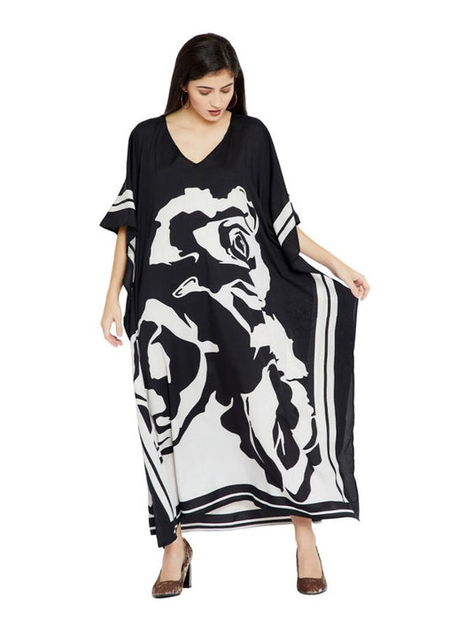 Black & White Floral Design Plus Size Silk Crepe Kaftan Dress for Women J5629 image 1