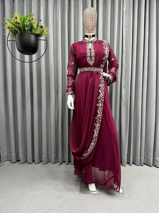 Plum Color Georgette Anarkali Suit Thred Sequence Work Long Gown With Belt And Dupatta Dress KY image 1