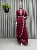 Plum Color Georgette Anarkali Suit Thred Sequence Work Long Gown With Belt And Dupatta Dress KY image 1