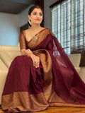 Wine Soft Lichi Silk Jacquard Border Saree KP image 1