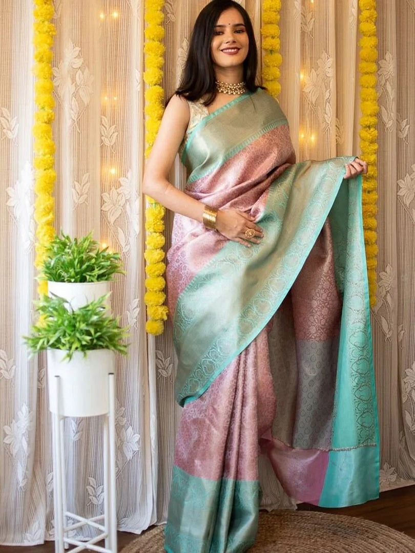 Soft Lichi Silk Jacquard Waving Work With Gold Zari Waving Saree image 1