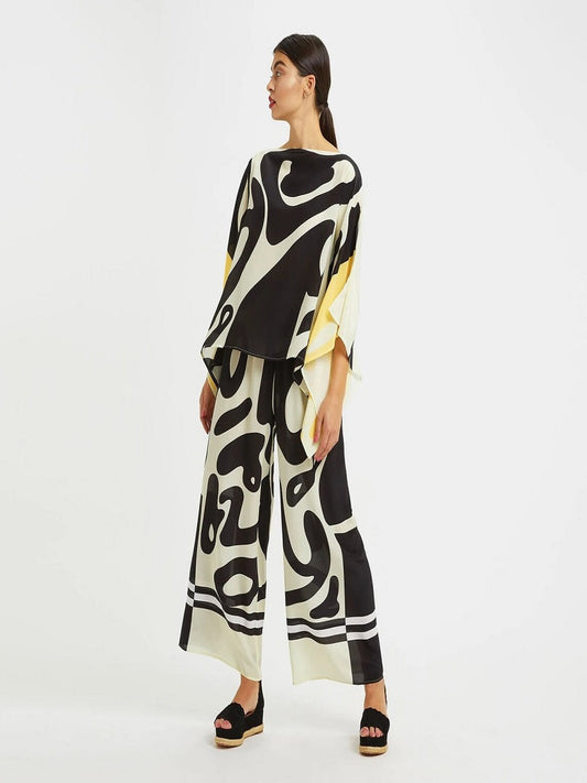 Black Silk Crepe Kaftan Top and Flared Pants Co ord Set J5644 image 1
