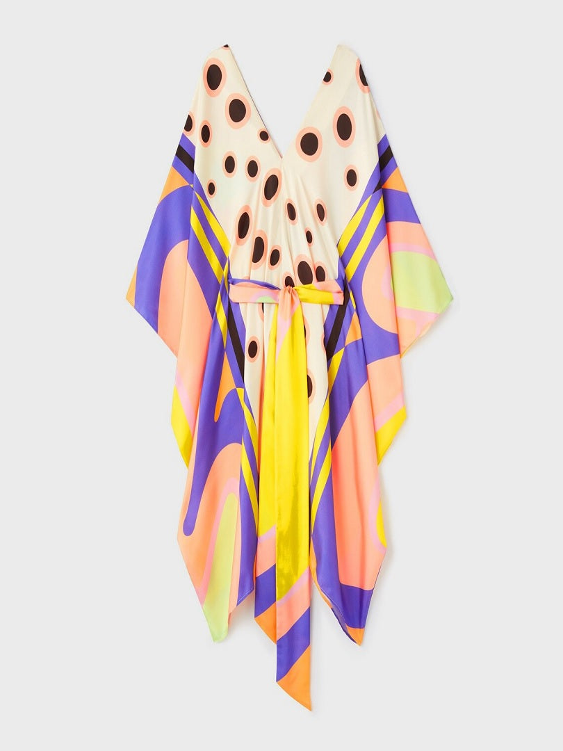 Butterfly Belted V-Neck Style Kaftan, Satin Silk Short Caftan J5654 image 2