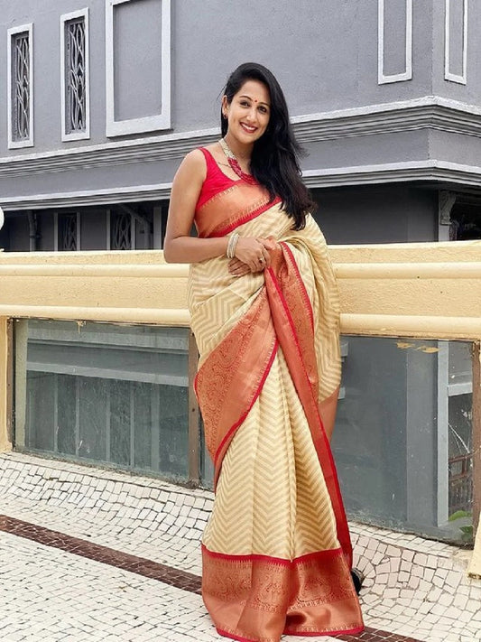 Soft Lichi Silk Jacquard Weaving With Gold Zari Weaving Work Saree image 1