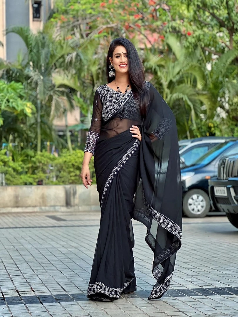 Black Georgette Embroidery Work Saree image 1