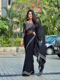Black Georgette Embroidery Work Saree image 1