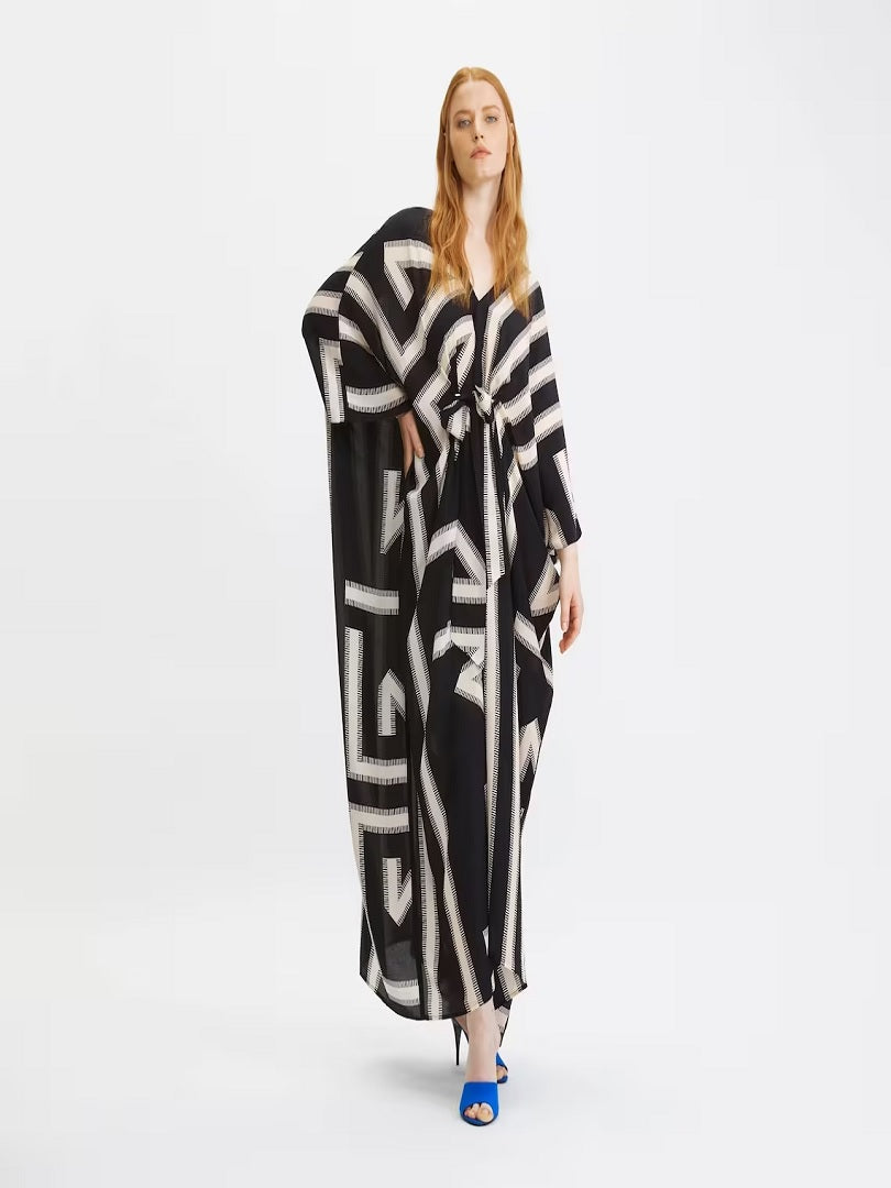 V-Neck Belt Style Printed Long French Moss Kaftan Dress J5790 image 1