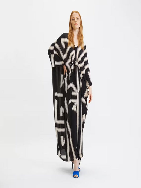 V-Neck Belt Style Printed Long French Moss Kaftan Dress J5790 image 1
