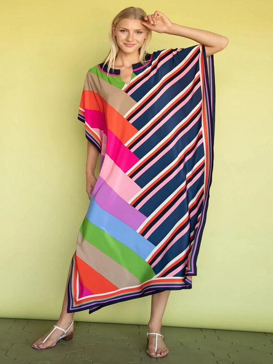 Stylish Beach Wear Colorful Striped Printed Women Kaftan J5704 image 1