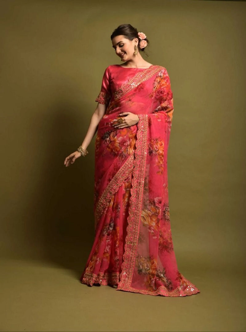 Soft Chiffon With Flower Print Sequence Work Saree image 1